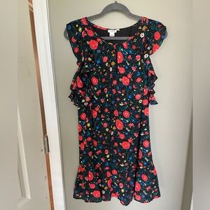 Black and floral J. Crew short sleeved ruffle dress